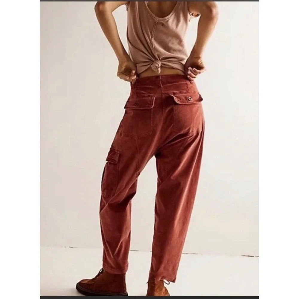 Free People Rust Orange Corduroy Cargo Tapered Pants High Rise Womens Size S